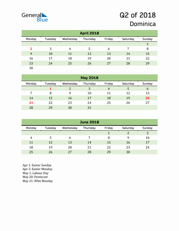 Quarterly Calendar 2018 with Dominica Holidays