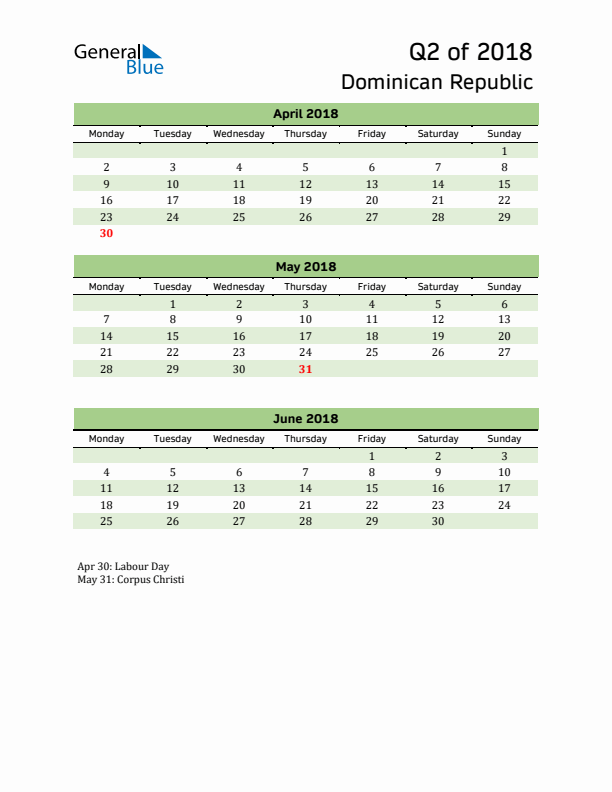 Quarterly Calendar 2018 with Dominican Republic Holidays