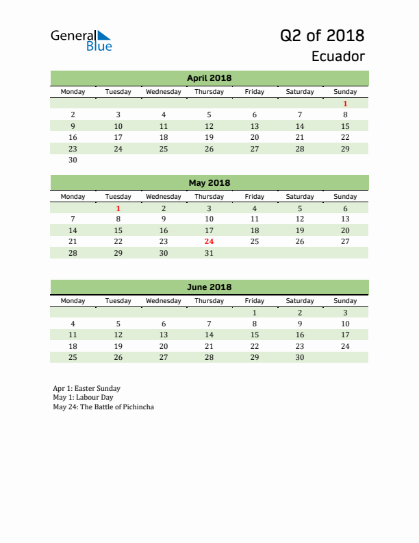 Quarterly Calendar 2018 with Ecuador Holidays