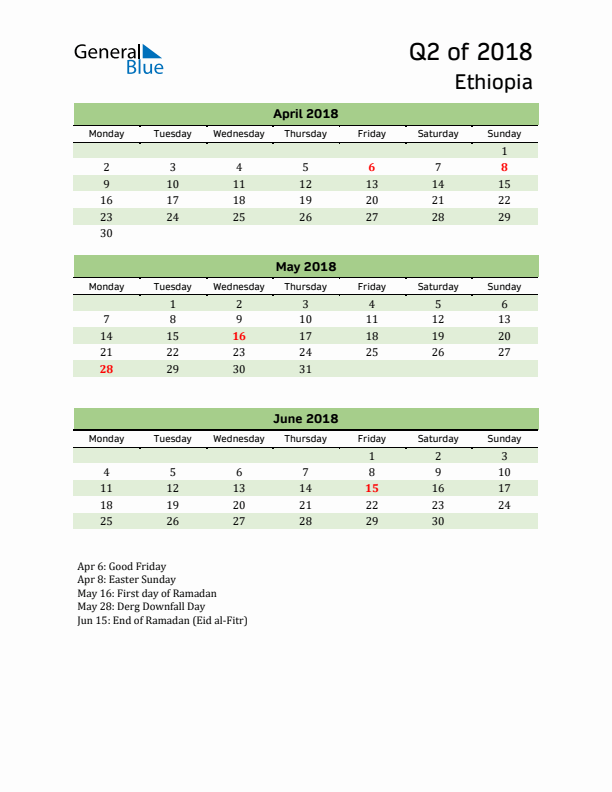 Quarterly Calendar 2018 with Ethiopia Holidays