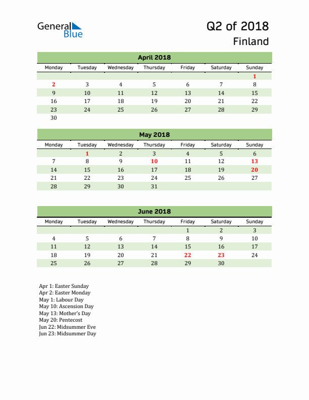 Quarterly Calendar 2018 with Finland Holidays