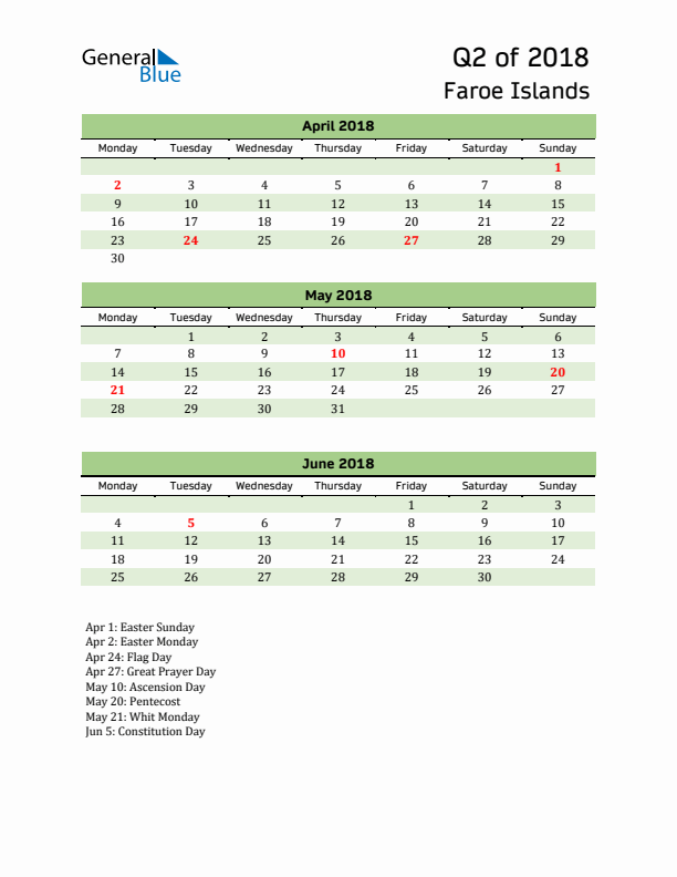 Quarterly Calendar 2018 with Faroe Islands Holidays