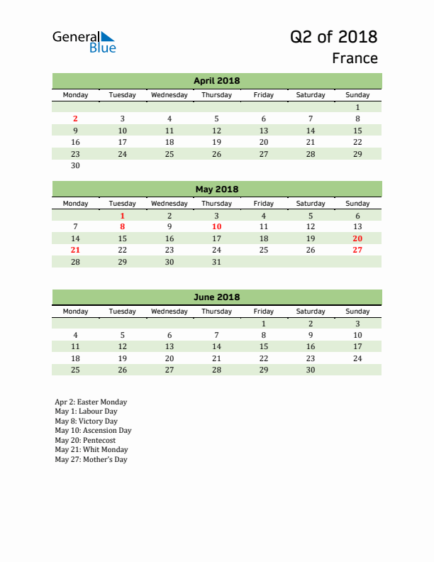 Quarterly Calendar 2018 with France Holidays