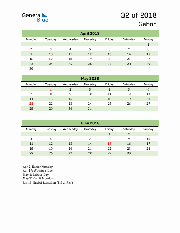 Quarterly Calendar 2018 with Gabon Holidays