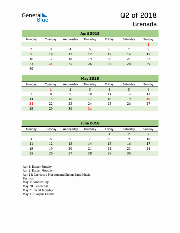 Quarterly Calendar 2018 with Grenada Holidays