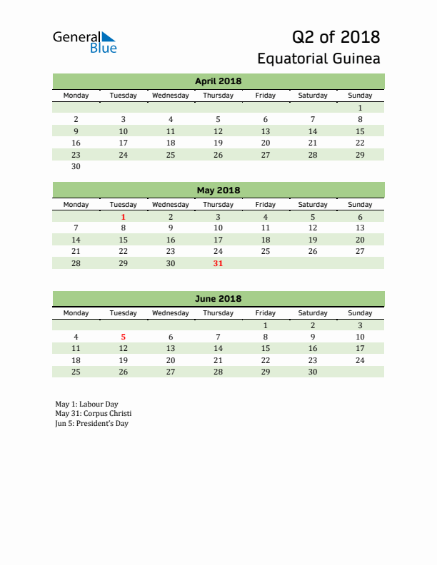 Quarterly Calendar 2018 with Equatorial Guinea Holidays