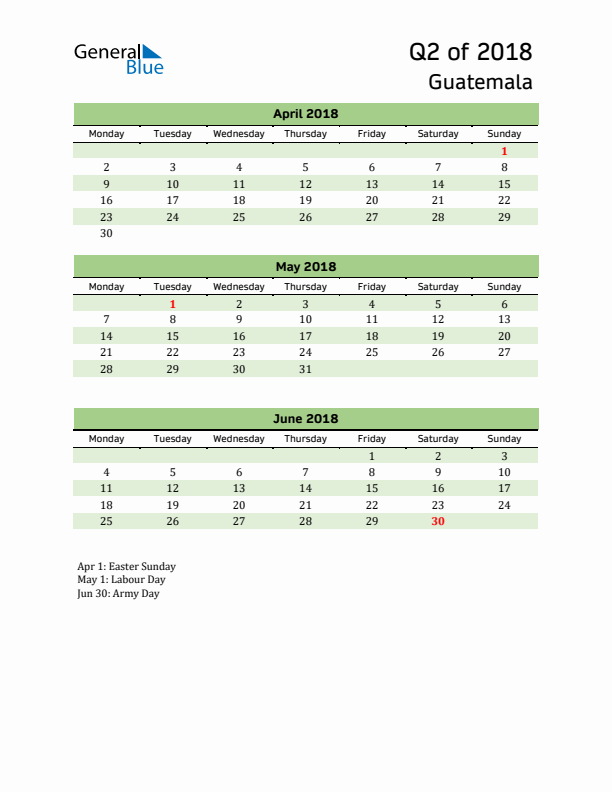 Quarterly Calendar 2018 with Guatemala Holidays