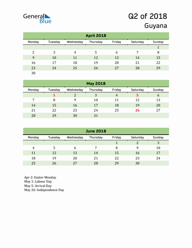 Quarterly Calendar 2018 with Guyana Holidays