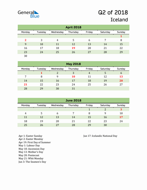 Quarterly Calendar 2018 with Iceland Holidays