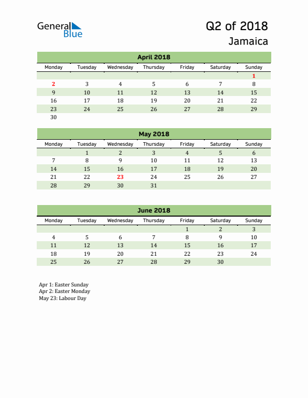 Quarterly Calendar 2018 with Jamaica Holidays