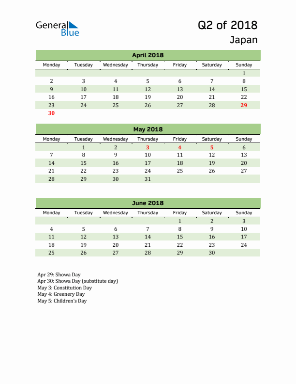 Quarterly Calendar 2018 with Japan Holidays