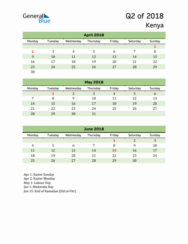 Quarterly Calendar 2018 with Kenya Holidays