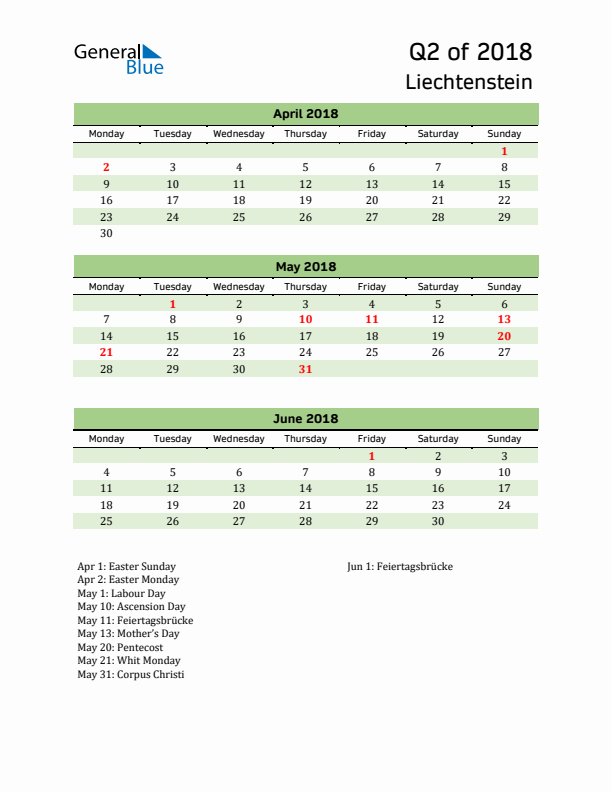 Quarterly Calendar 2018 with Liechtenstein Holidays