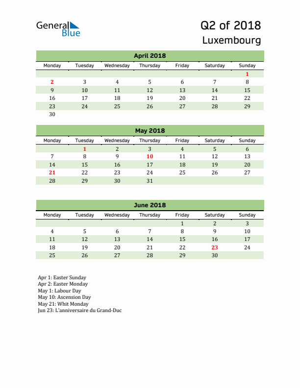 Quarterly Calendar 2018 with Luxembourg Holidays