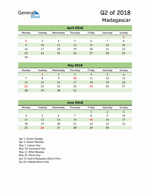 Quarterly Calendar 2018 with Madagascar Holidays