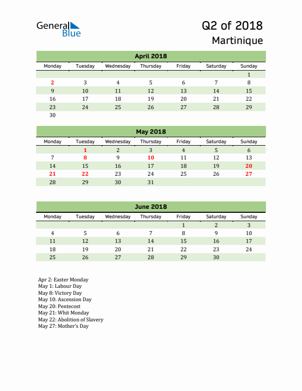 Quarterly Calendar 2018 with Martinique Holidays