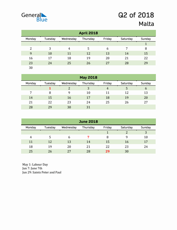 Quarterly Calendar 2018 with Malta Holidays