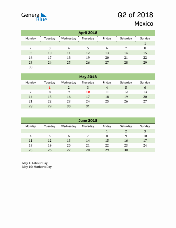 Quarterly Calendar 2018 with Mexico Holidays