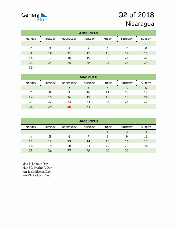 Quarterly Calendar 2018 with Nicaragua Holidays