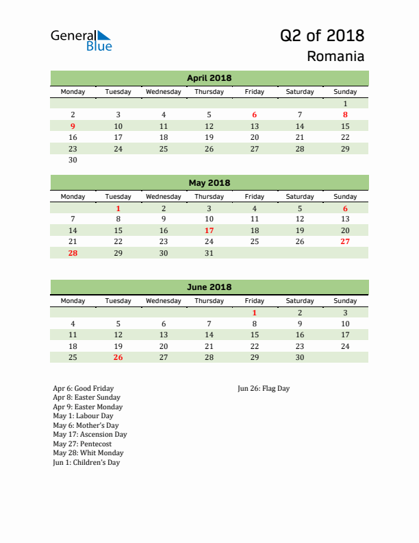 Quarterly Calendar 2018 with Romania Holidays