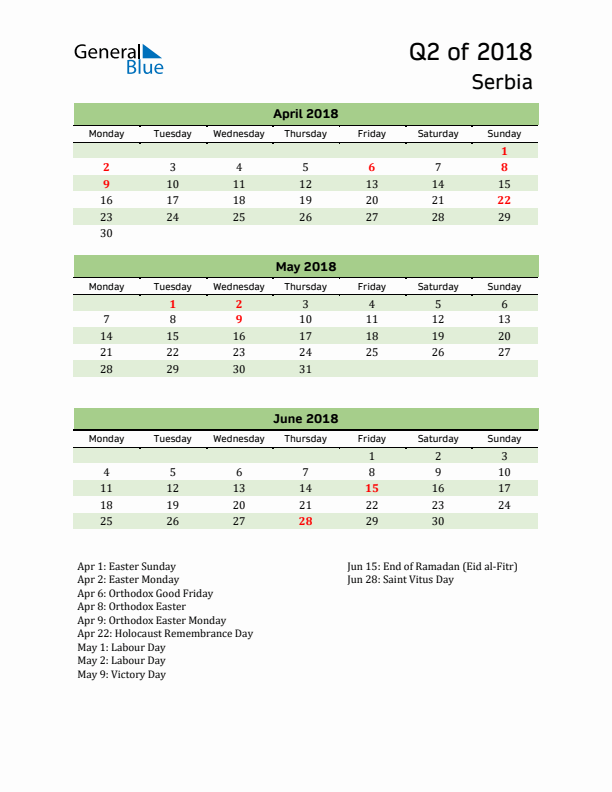 Quarterly Calendar 2018 with Serbia Holidays