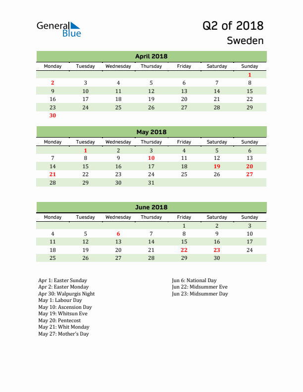 Quarterly Calendar 2018 with Sweden Holidays