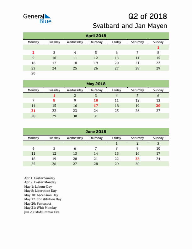 Quarterly Calendar 2018 with Svalbard and Jan Mayen Holidays