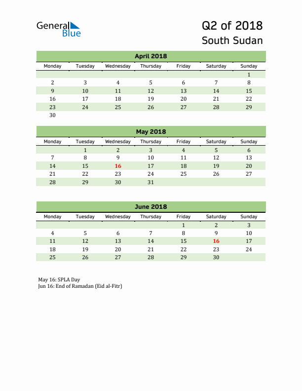 Quarterly Calendar 2018 with South Sudan Holidays