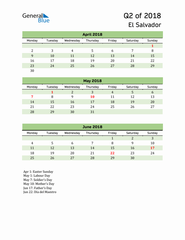 Quarterly Calendar 2018 with El Salvador Holidays