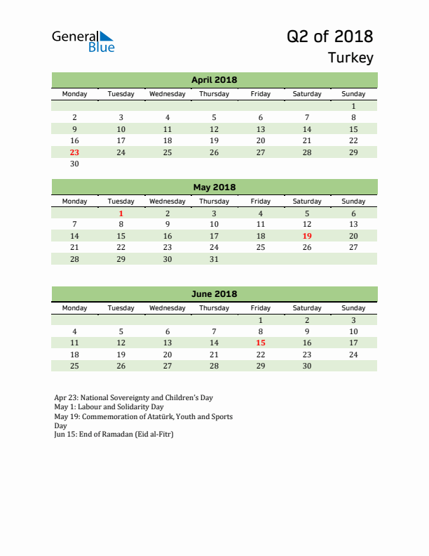 Quarterly Calendar 2018 with Turkey Holidays