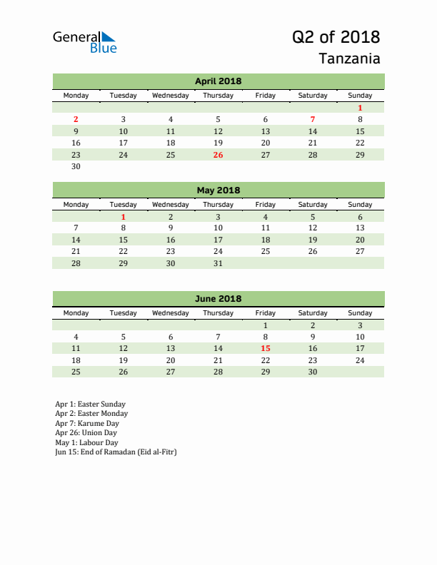 Quarterly Calendar 2018 with Tanzania Holidays