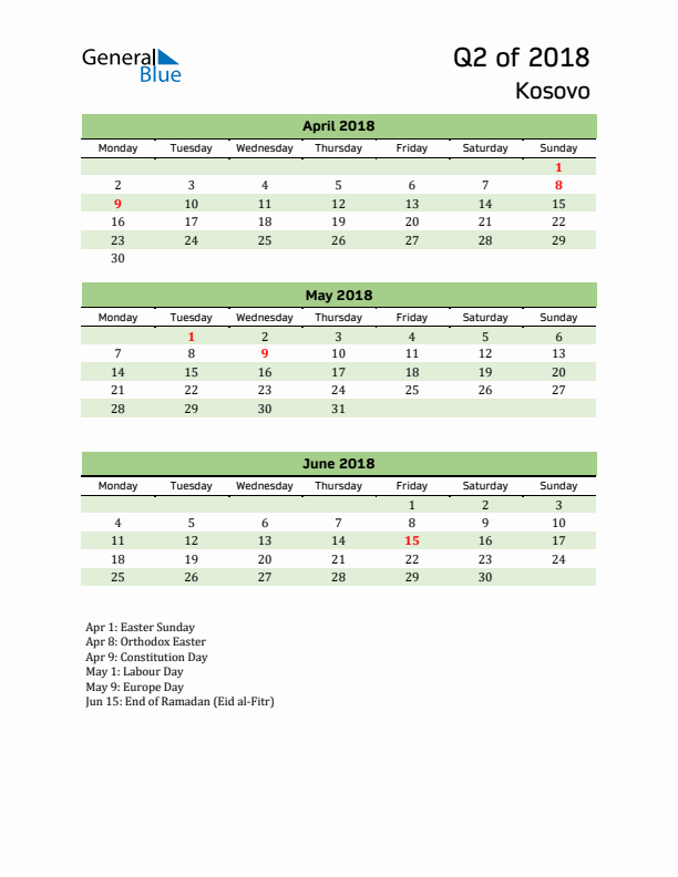 Quarterly Calendar 2018 with Kosovo Holidays