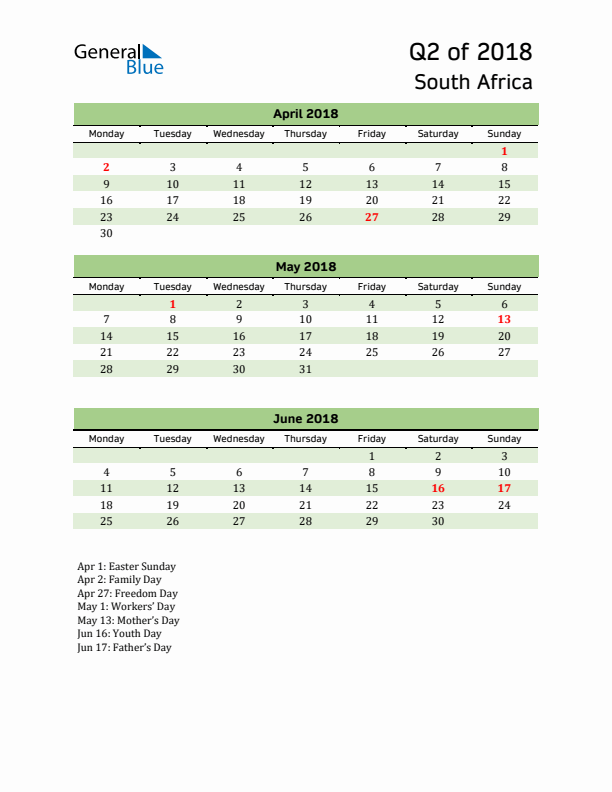 Quarterly Calendar 2018 with South Africa Holidays