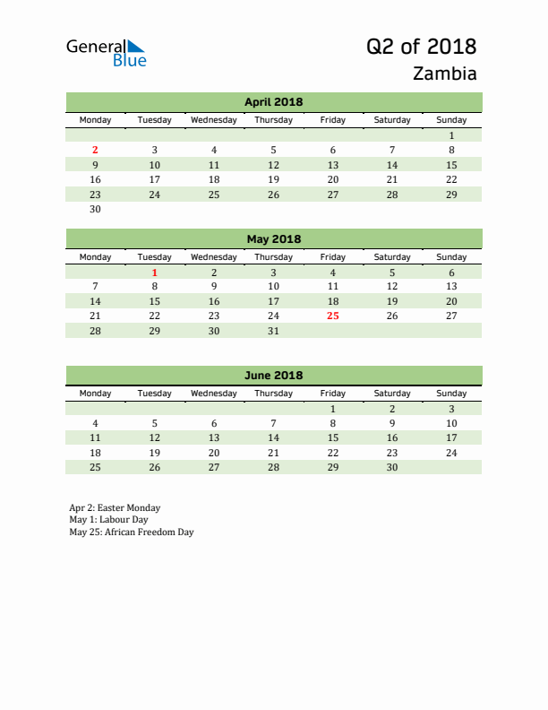 Quarterly Calendar 2018 with Zambia Holidays