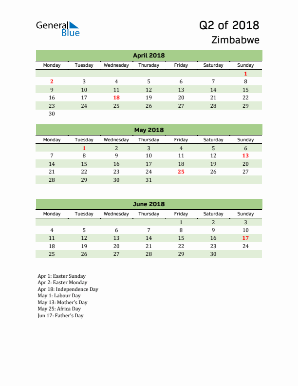 Quarterly Calendar 2018 with Zimbabwe Holidays