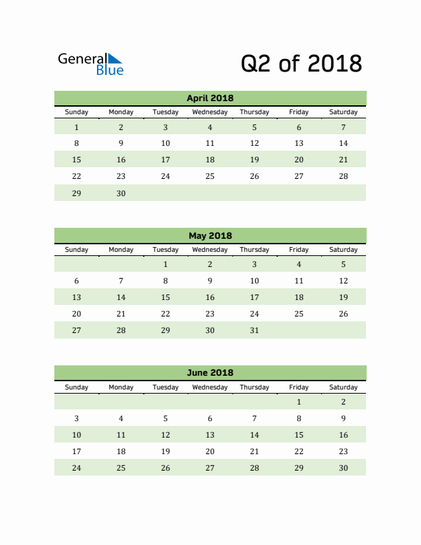 Printable Quarterly Calendar (Q2 2018)