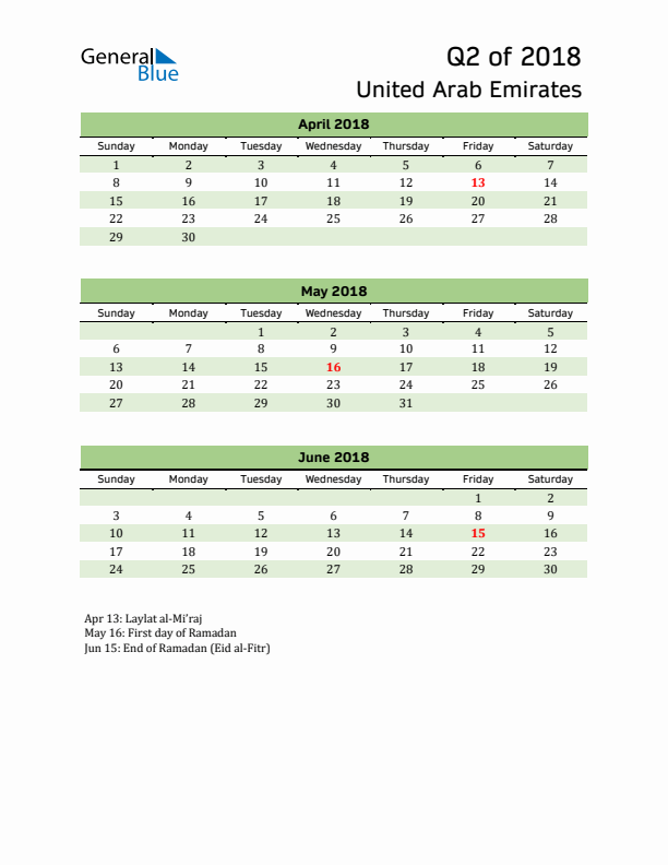 Quarterly Calendar 2018 with United Arab Emirates Holidays