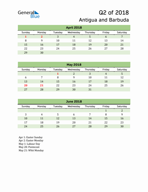 Quarterly Calendar 2018 with Antigua and Barbuda Holidays