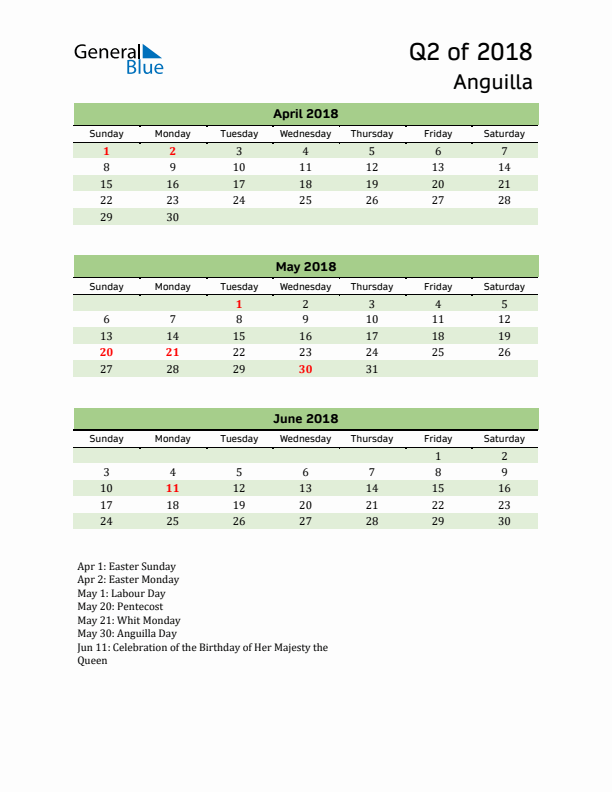 Quarterly Calendar 2018 with Anguilla Holidays