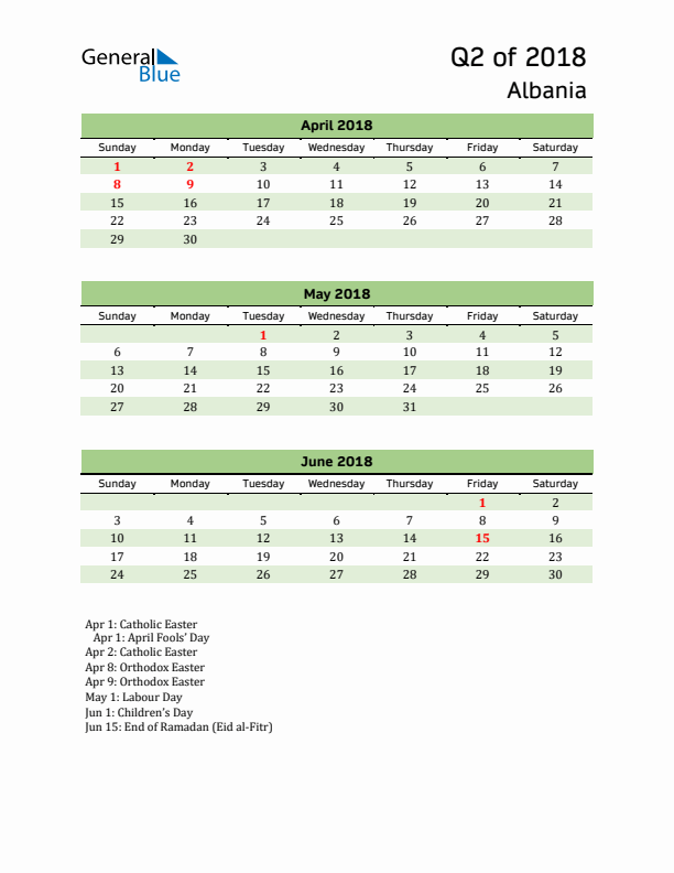 Quarterly Calendar 2018 with Albania Holidays