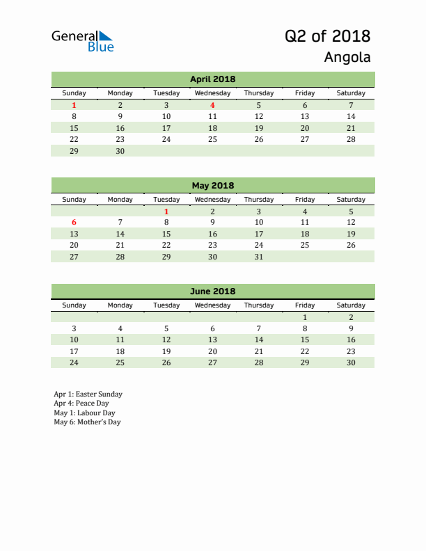 Quarterly Calendar 2018 with Angola Holidays