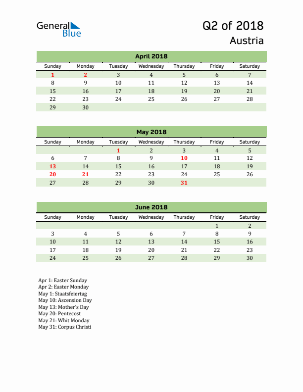 Quarterly Calendar 2018 with Austria Holidays