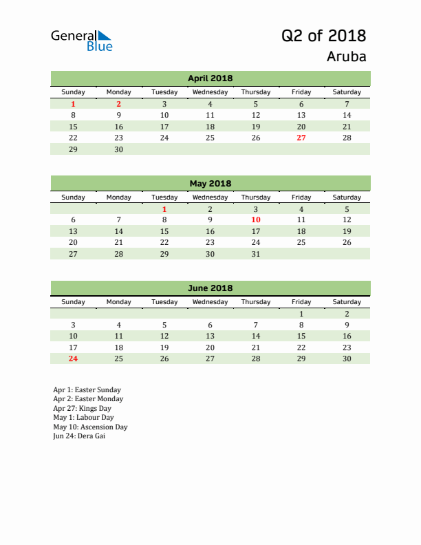 Quarterly Calendar 2018 with Aruba Holidays