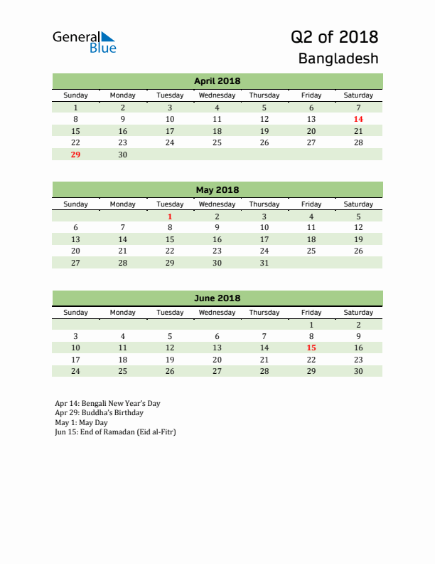 Quarterly Calendar 2018 with Bangladesh Holidays