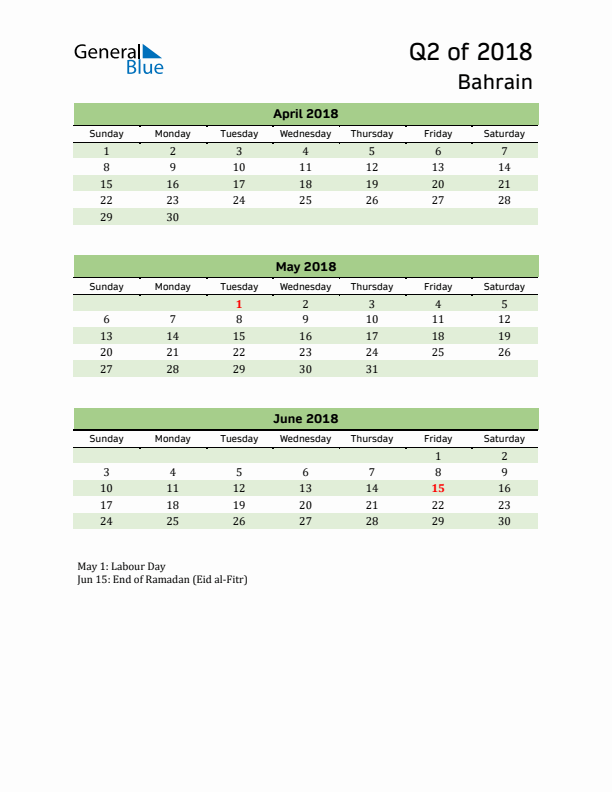 Quarterly Calendar 2018 with Bahrain Holidays