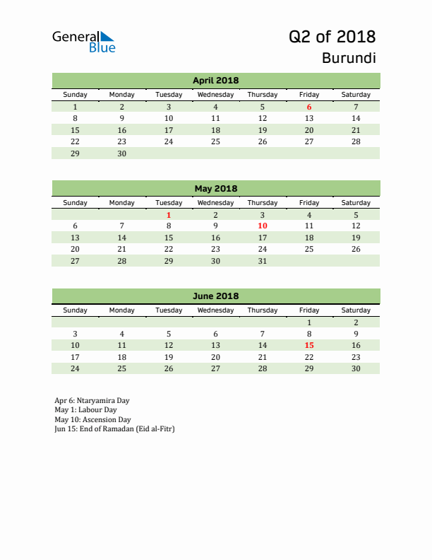 Quarterly Calendar 2018 with Burundi Holidays