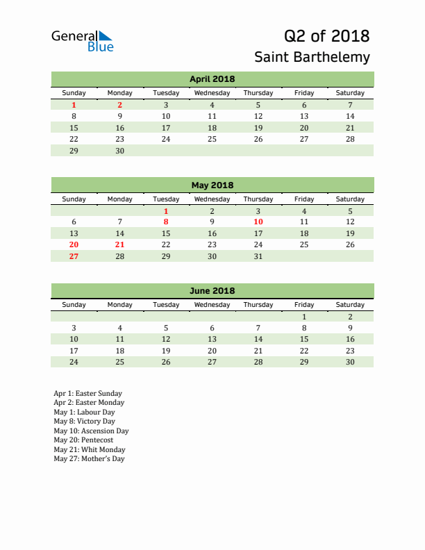 Quarterly Calendar 2018 with Saint Barthelemy Holidays