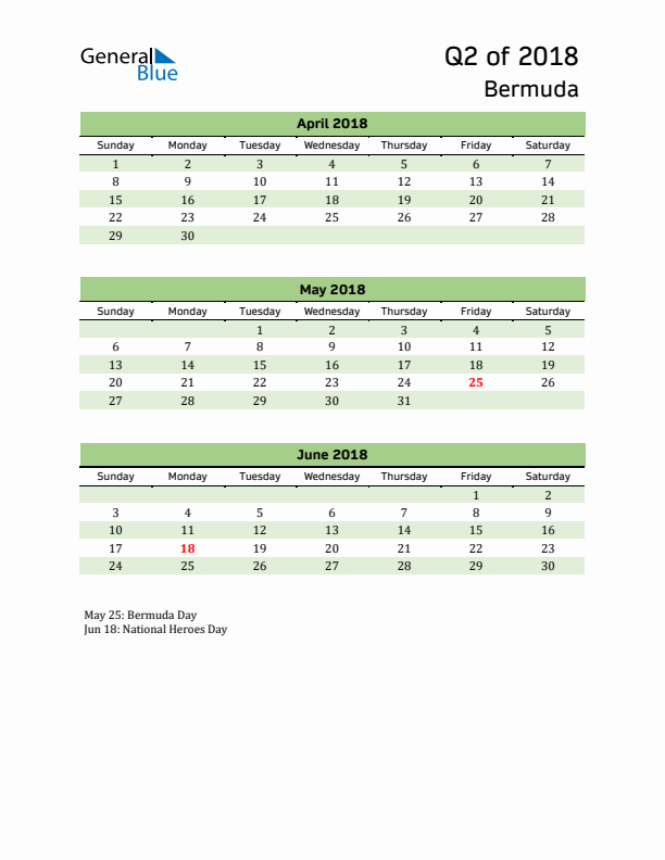 Quarterly Calendar 2018 with Bermuda Holidays