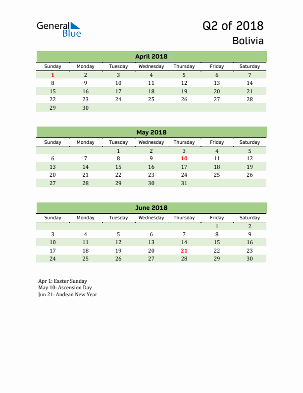 Quarterly Calendar 2018 with Bolivia Holidays