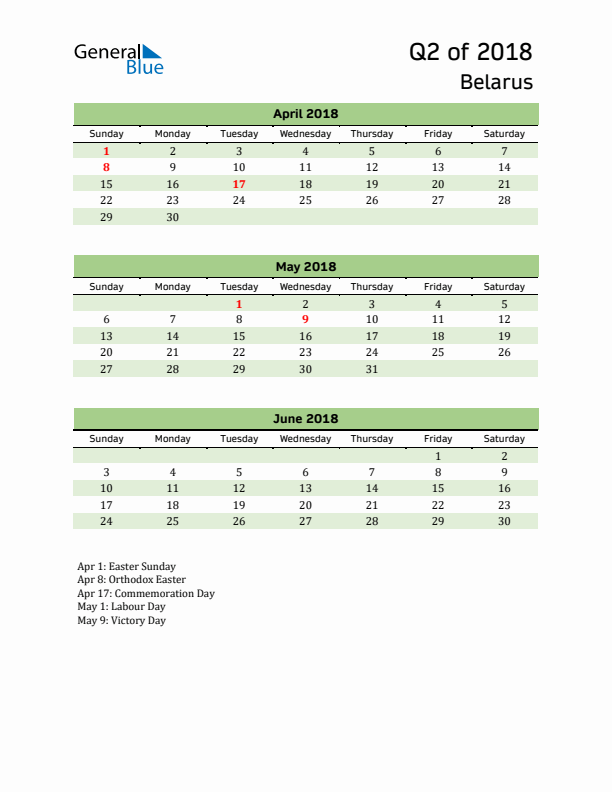 Quarterly Calendar 2018 with Belarus Holidays